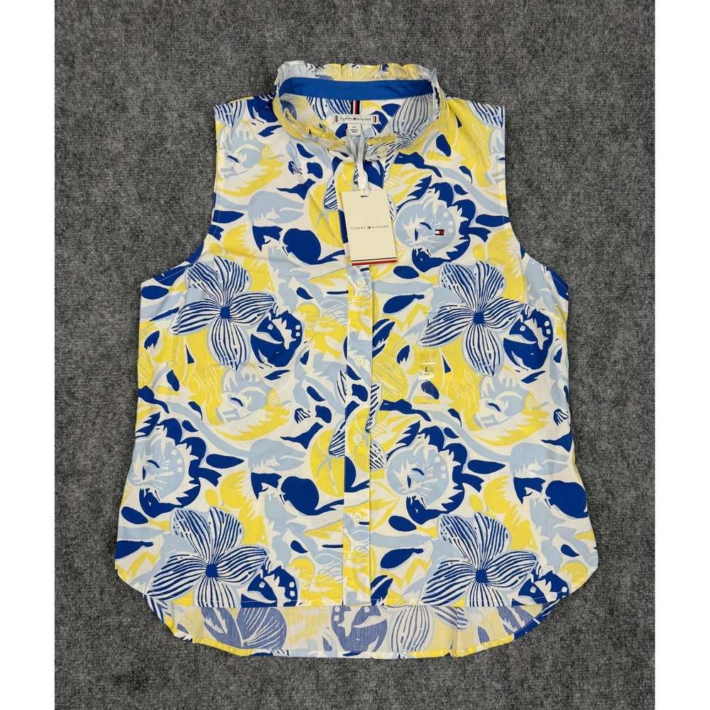 Tommy Hilfiger NWT W Sleeveless Floral Ruffle Collar Button Down Shirt Ylw L
